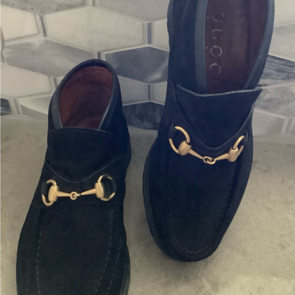 Gucci Black Suede Loafers with Gold Horsebit